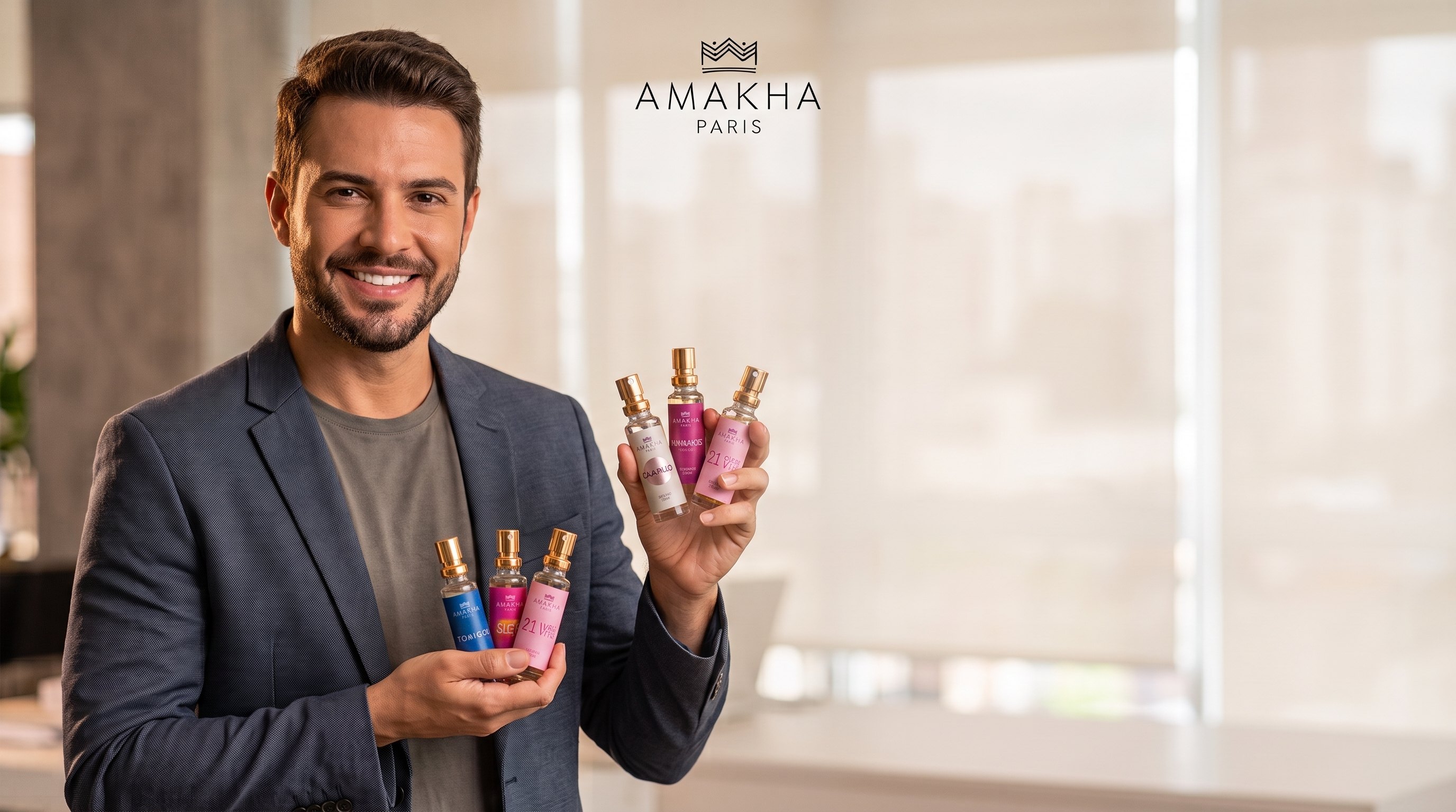 Consultor Amakha Paris segurando perfumes de bolso